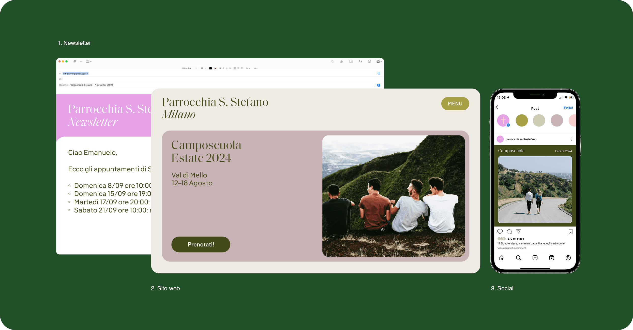 Esempio di un sito web parrocchiale, un profilo Instagram e una newsletter parrocchiale